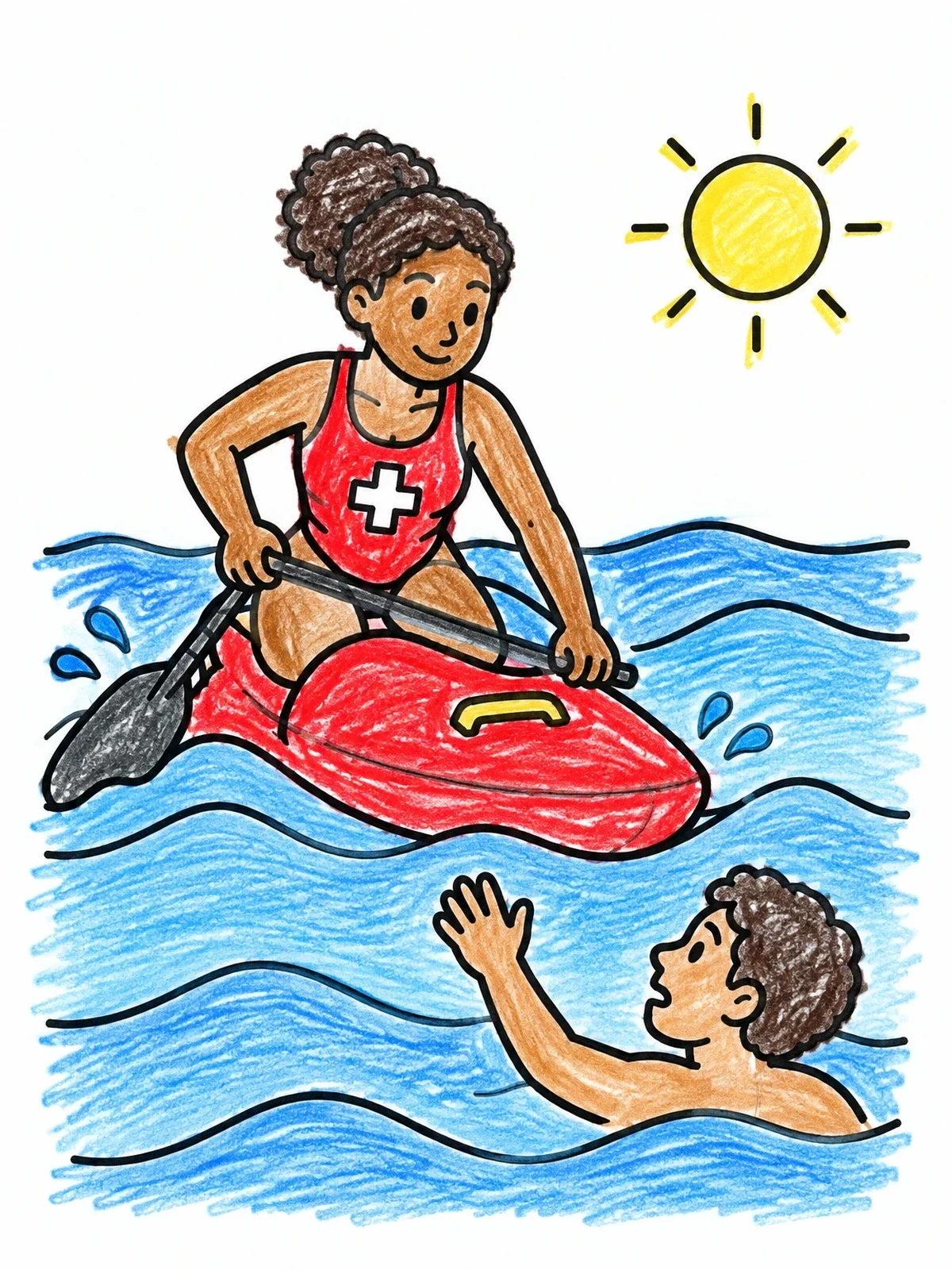 Colored example of the Lifeguard Rescuing Swimmer With Board coloring page