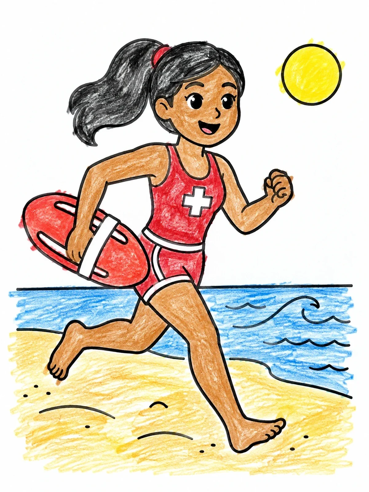 Colored example of the Lifeguard Running Along The Beach coloring page