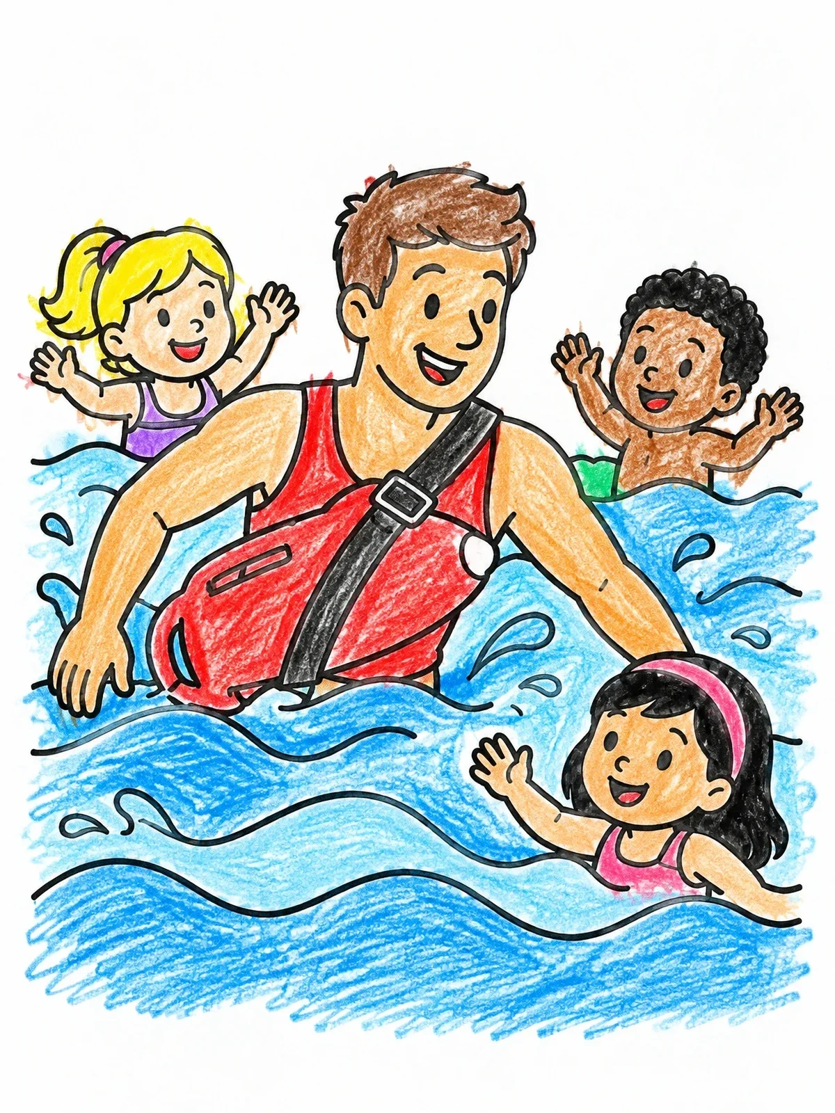 Colored example of the Lifeguard Swimming With Happy Children coloring page
