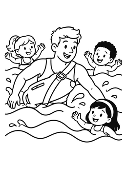 Free printable Lifeguard Swimming With Happy Children coloring page