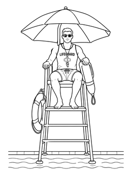 A male lifeguard sitting on an elevated chair under an umbrella in this lifeguard coloring page.