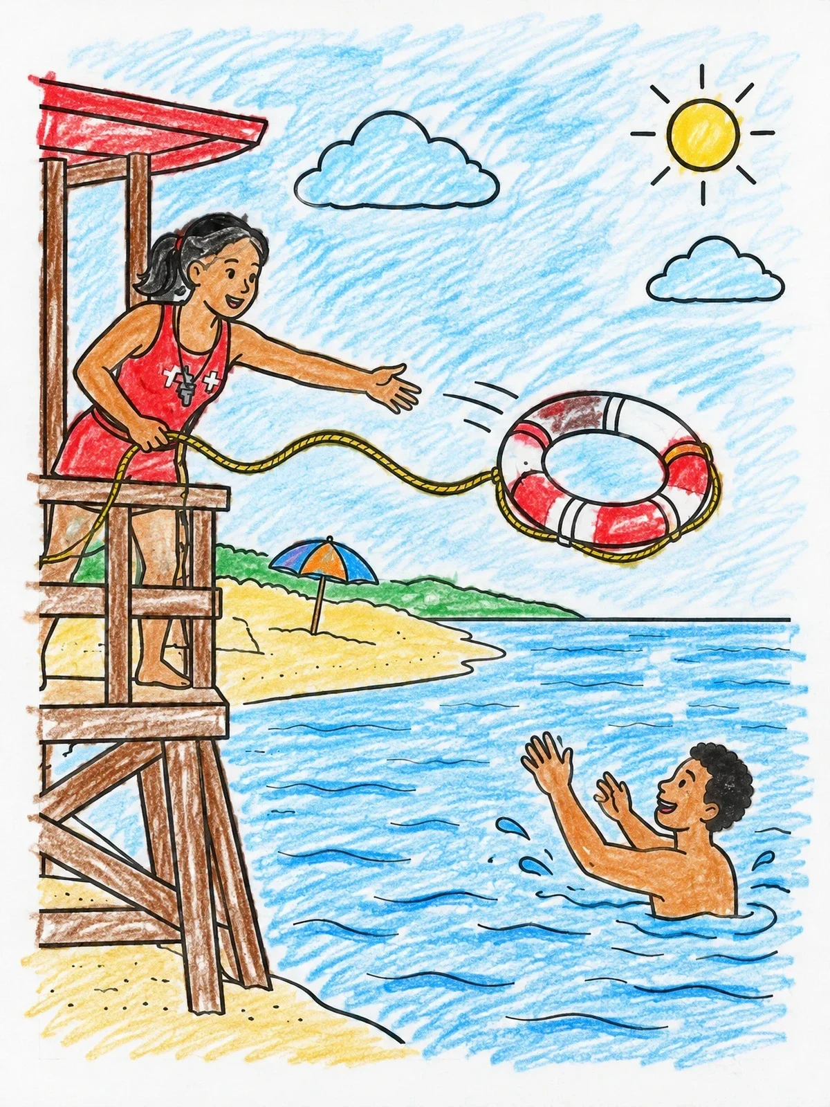 Colored example of the Lifeguard Rescuing Swimmer With Lifebuoy coloring page