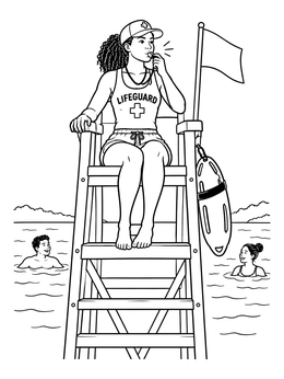 A lifeguard coloring page showing a woman blowing a whistle from an observation tower over swimmers.