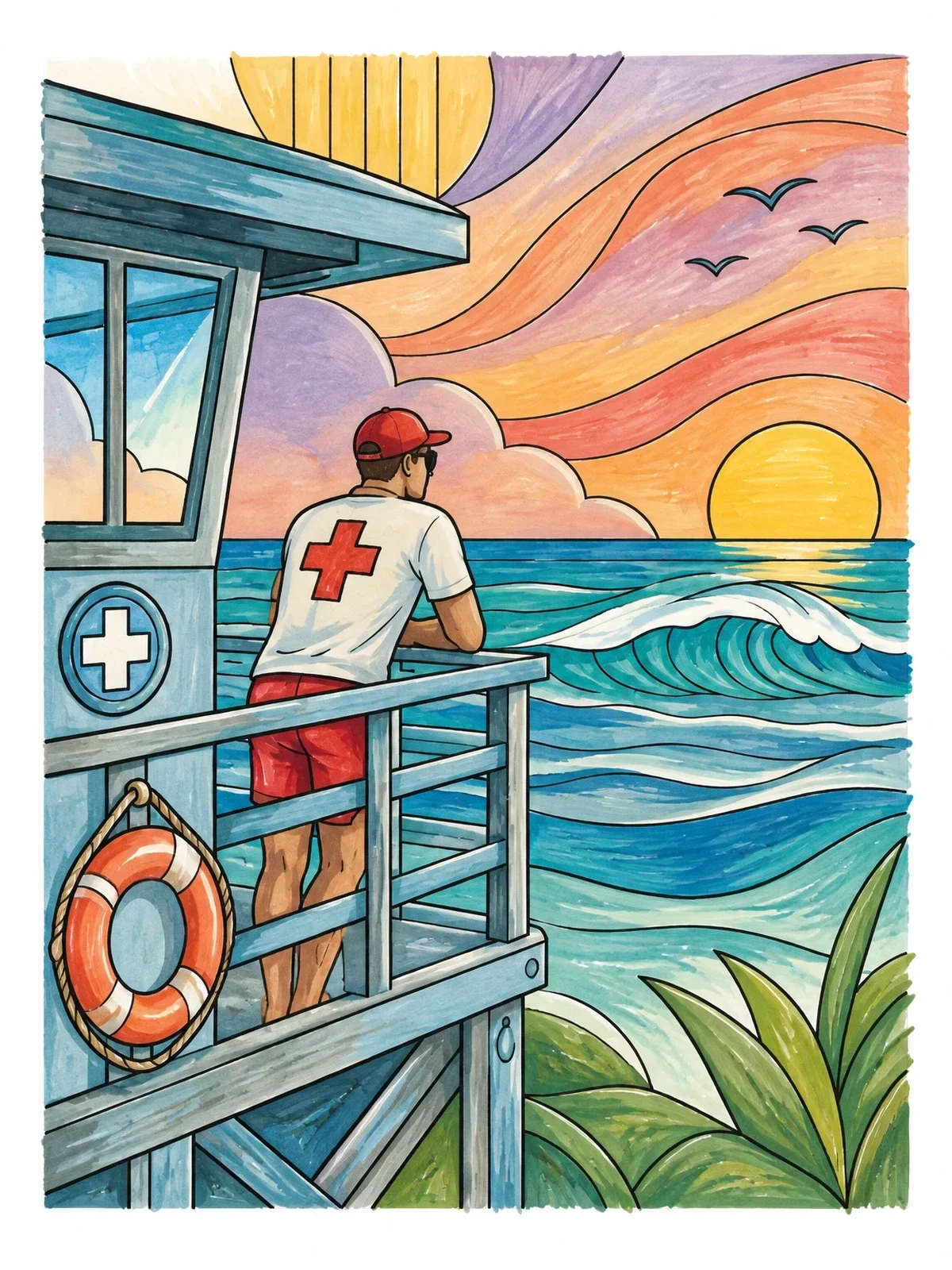 Colored example of the Lifeguard Watching Sunset Waves coloring page