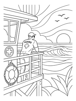 A lifeguard coloring page showing a guard watching sunset waves from a rescue tower balcony.