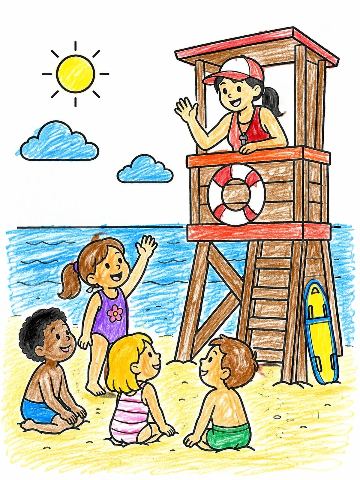 Colored example of the Lifeguard Waving To Children At Beach coloring page