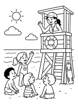 Free printable Lifeguard Waving To Children At Beach coloring page