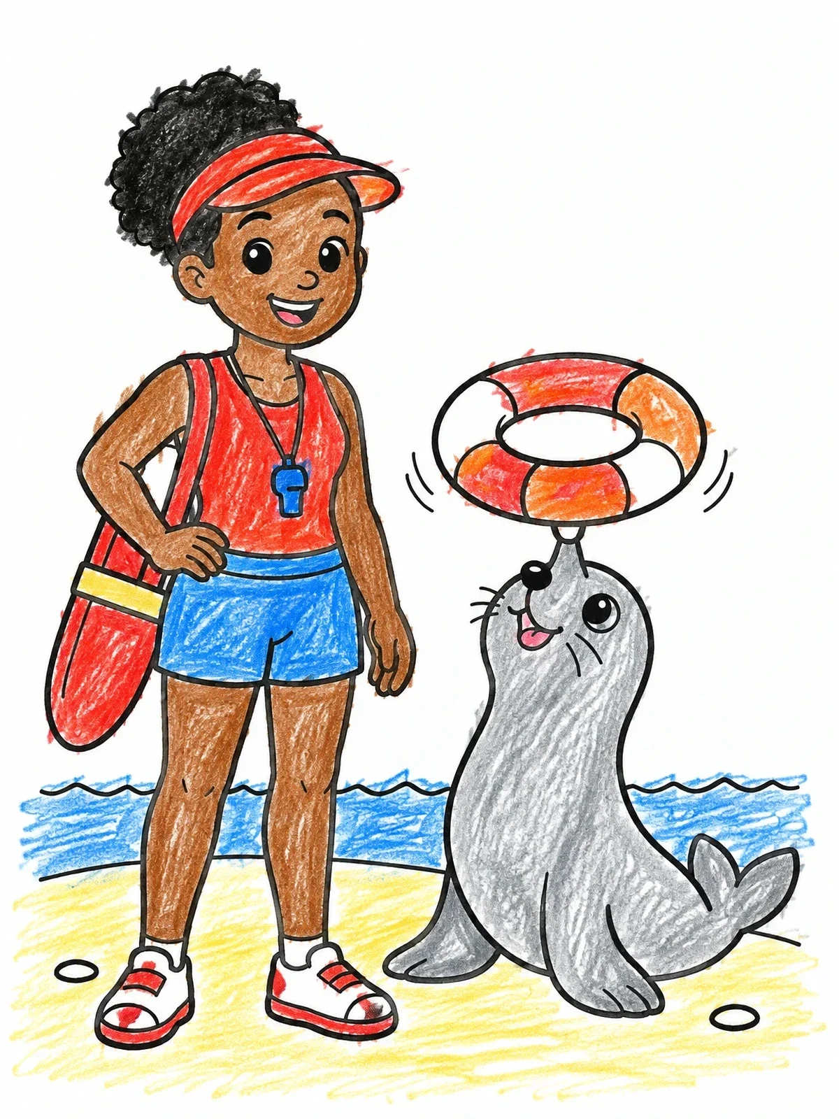 Colored example of the Lifeguard With Playful Seal coloring page