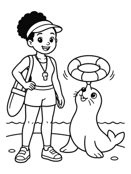 Free printable Lifeguard With Playful Seal coloring page