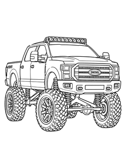 Rugged lifted diesel truck coloring page with massive tires and suspension springs.