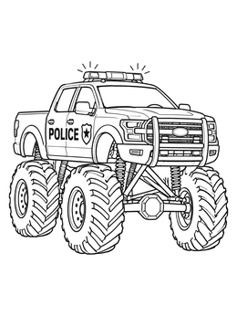 A lifted police truck coloring page with massive monster wheels and flashing roof lights.