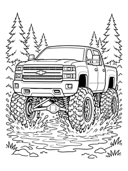 A lifted off-road truck coloring page splashing through water and mud surrounded by pine trees.