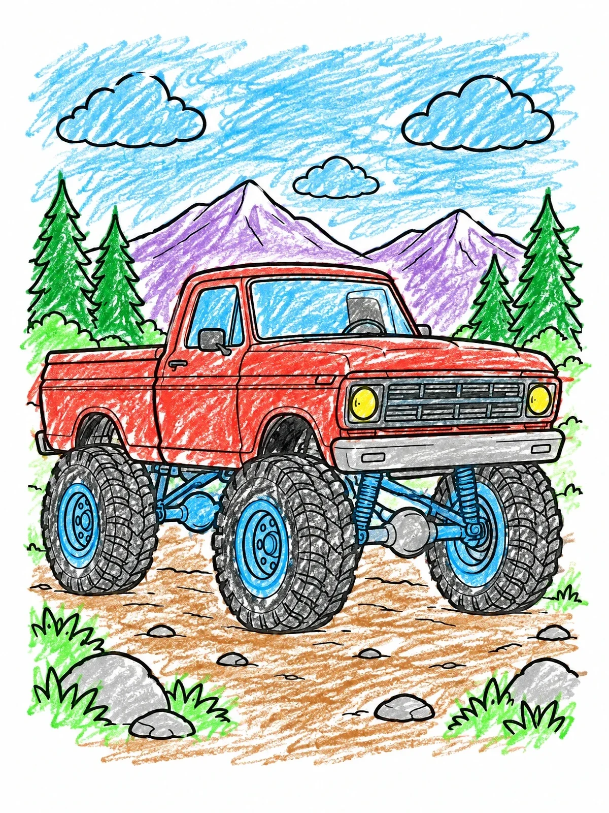 Colored example of the Lifted Vintage 4x4 Truck Outdoors coloring page
