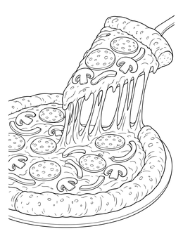 A lifted slice with melting cheese strings in a detailed pizza coloring page.
