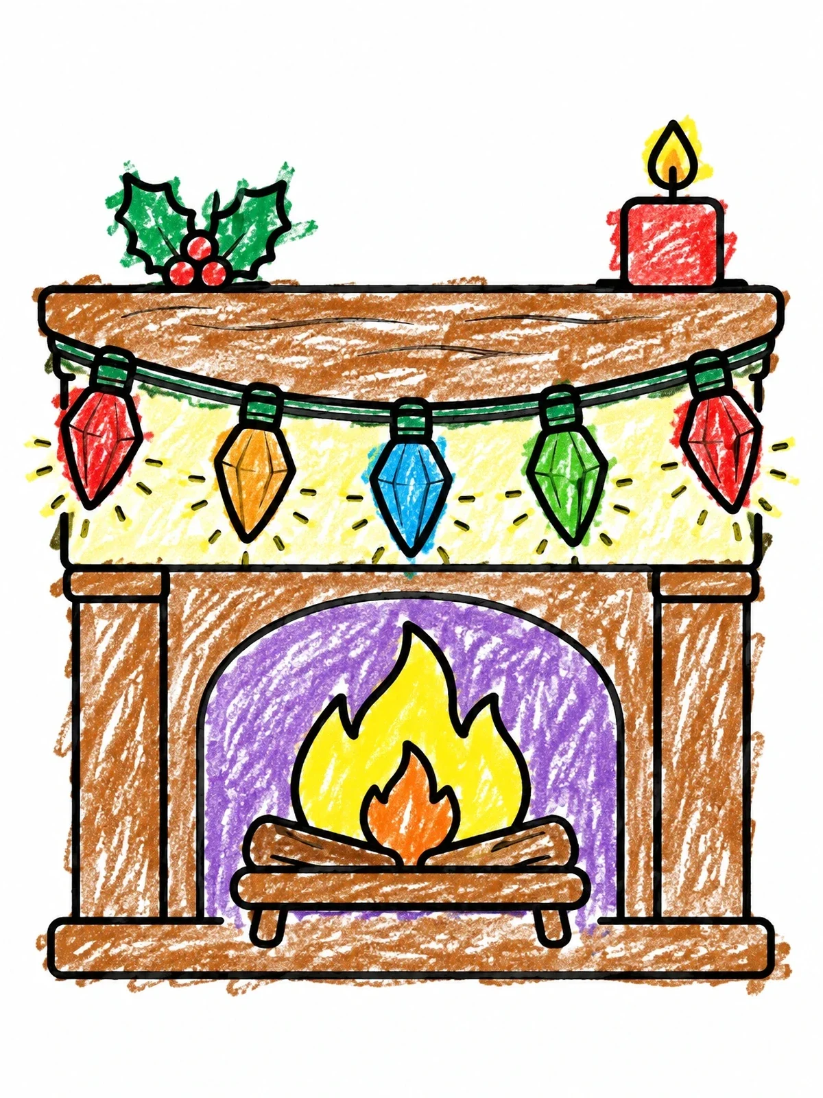 Colored example of the Cozy Fireplace With Holiday Bulbs coloring page