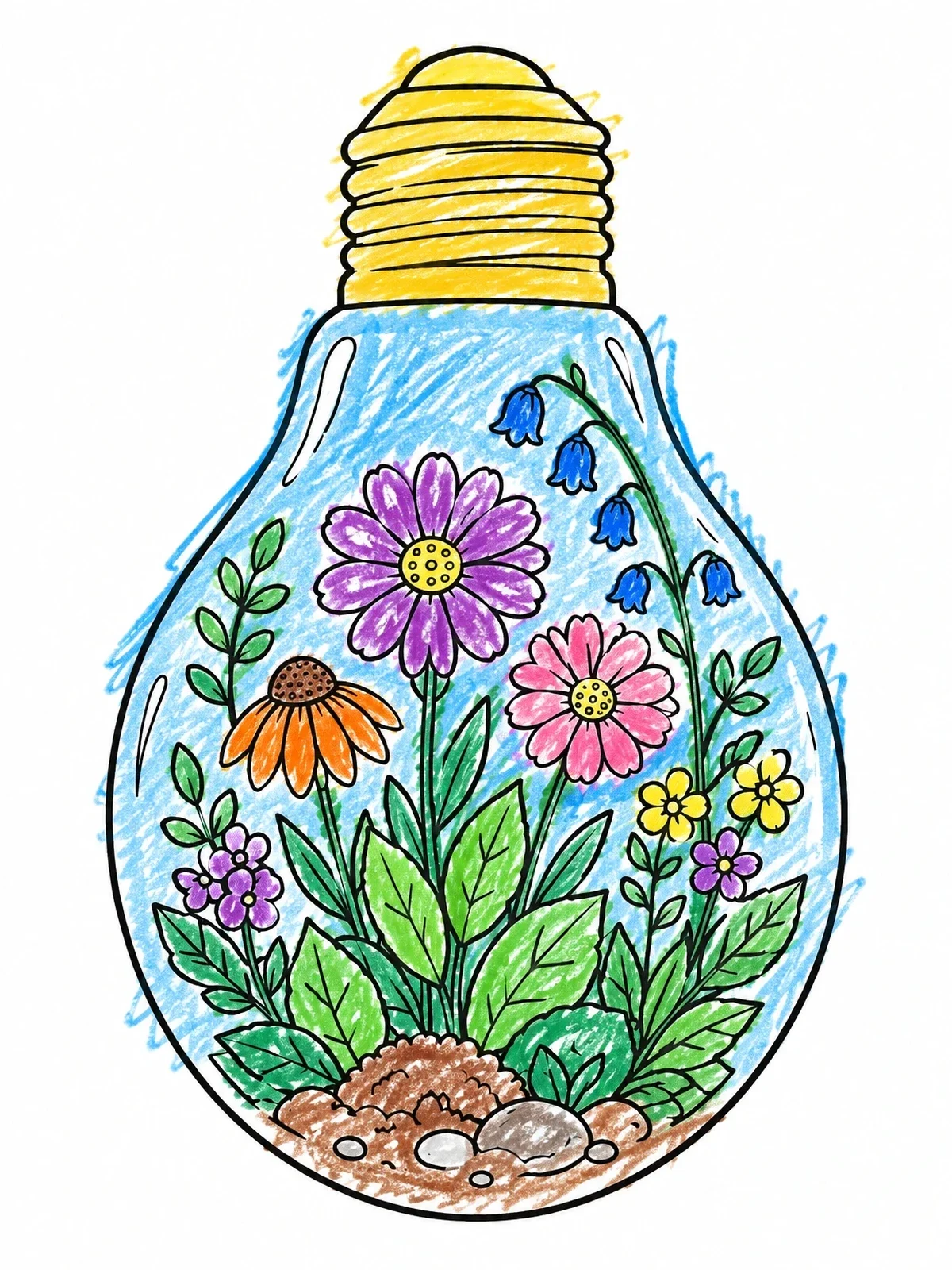 Colored example of the Light Bulb Terrarium With Wildflowers coloring page