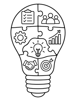 A creative goal setting coloring page featuring a lightbulb filled with puzzle pieces and achievement icons.