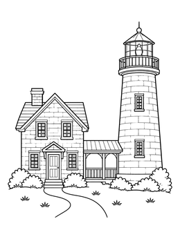 A lighthouse beach coloring page featuring a tall brick light tower linked to a cozy cottage.