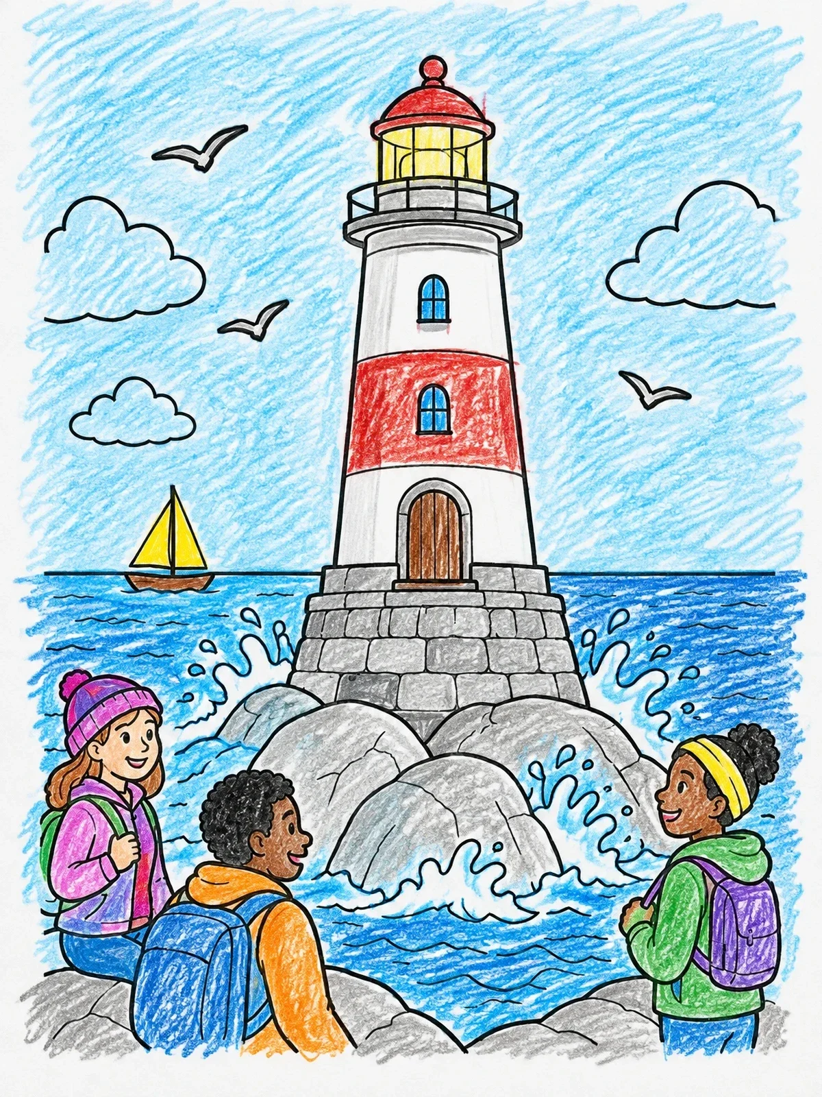 Colored example of the Children Visiting A Coastal Lighthouse coloring page