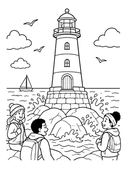 Free printable Children Visiting A Coastal Lighthouse coloring page