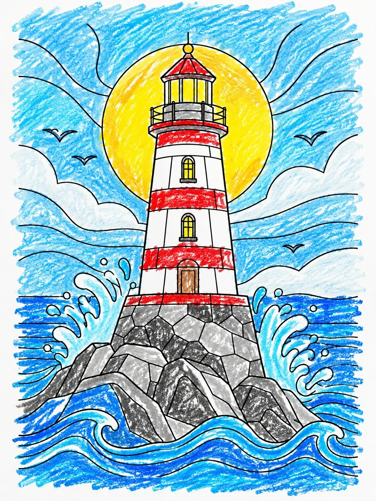 Colored example of the Lighthouse On Ocean Rocks coloring page