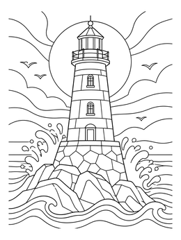 Sturdy beacon against crashing waves in this lighthouse beach coloring page.