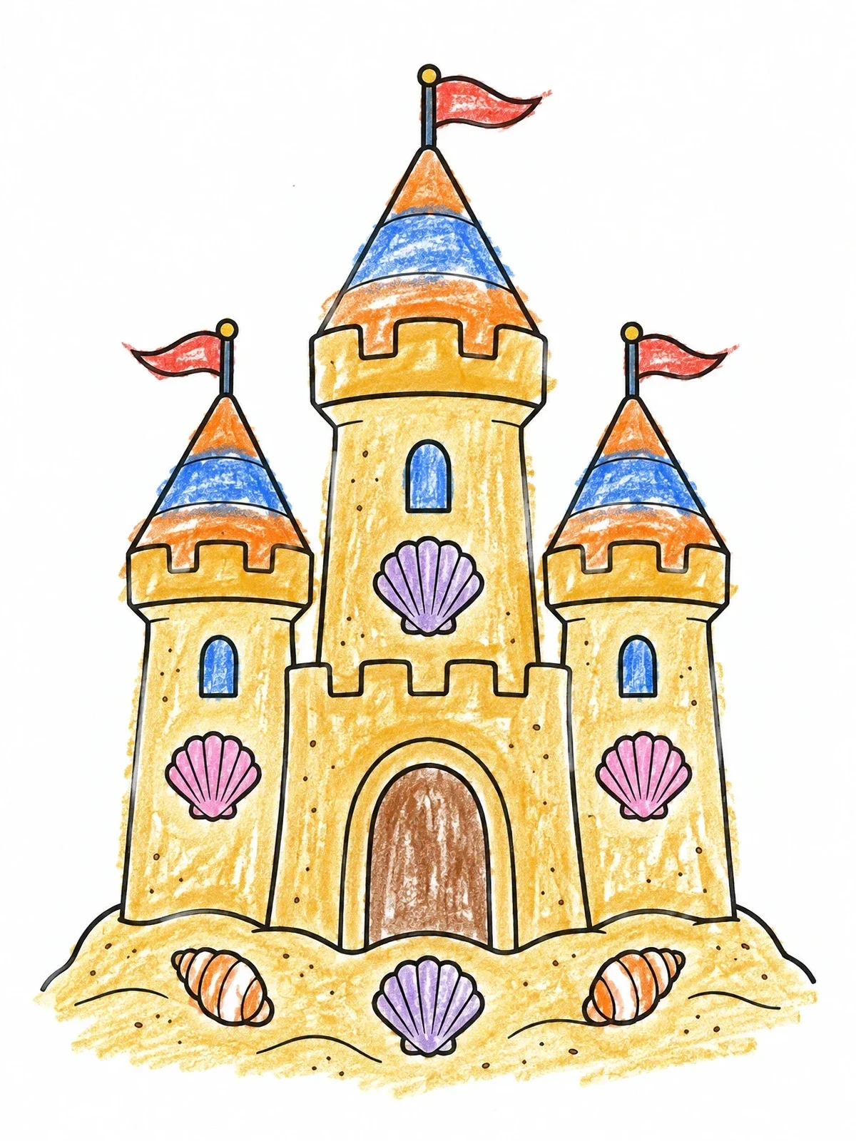 Colored example of the Sandcastle With Seashell Decorations coloring page
