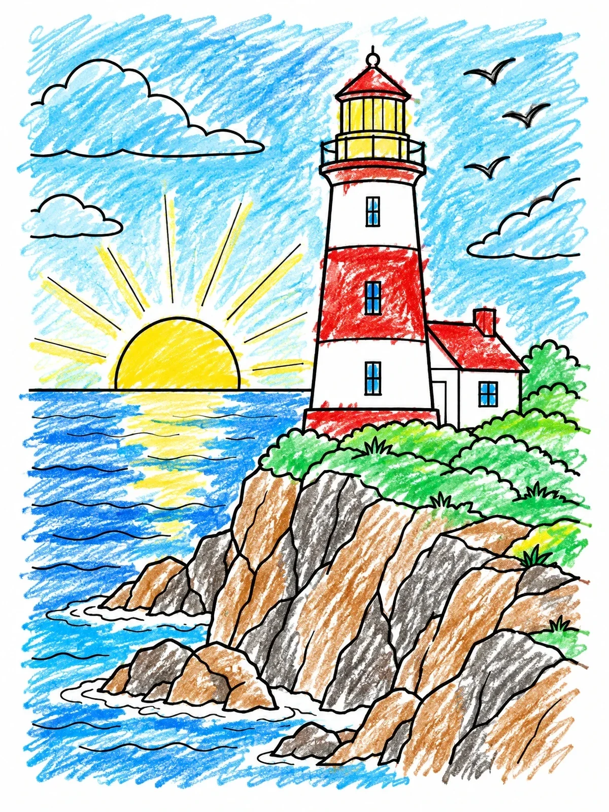 Colored example of the Lighthouse On Coastal Cliff Sunrise coloring page