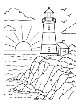 A lighthouse stands on rocky cliffs over the ocean in this sunrise coloring page.