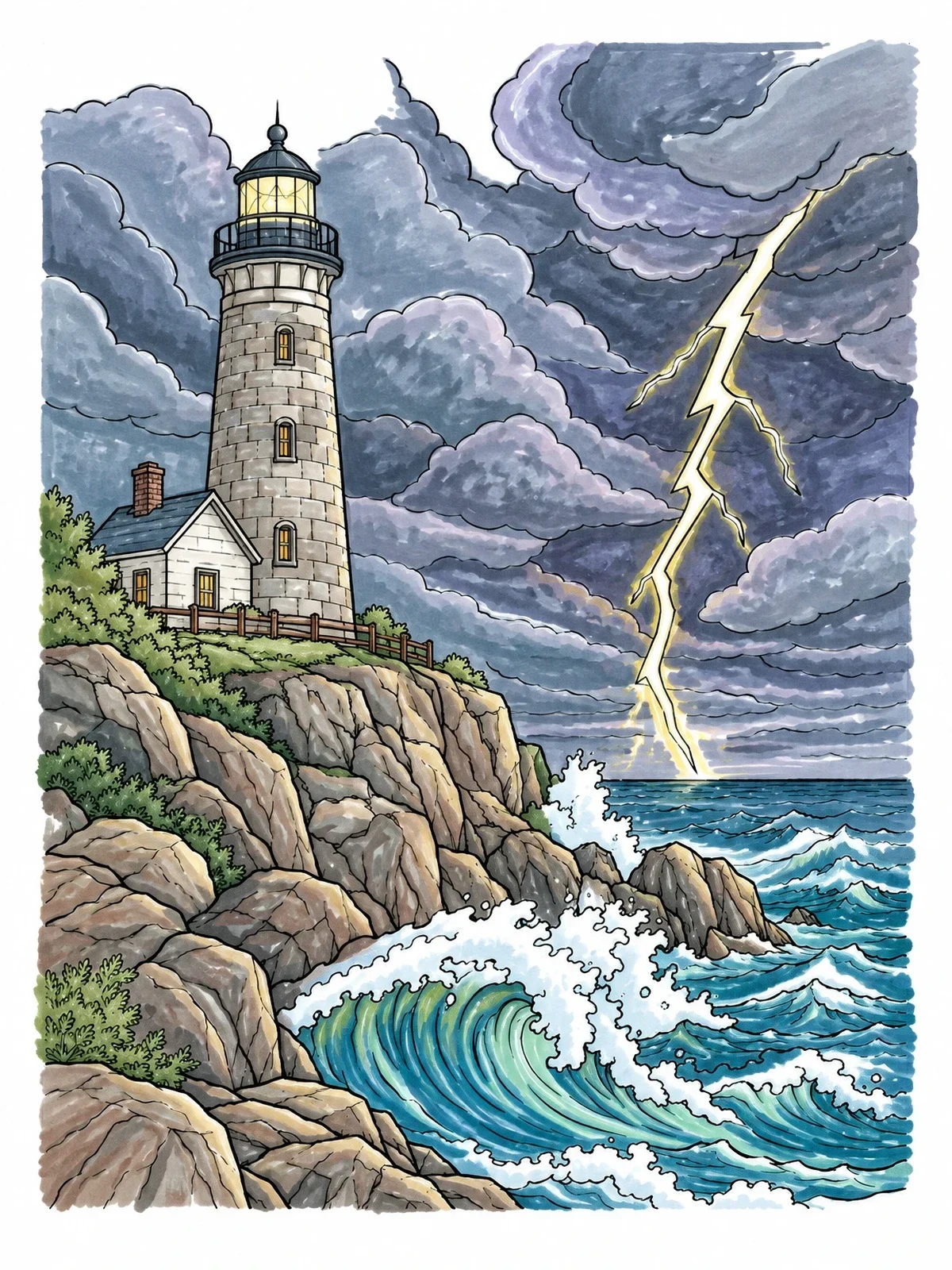 Colored example of the Lighthouse During A Coastal Storm coloring page