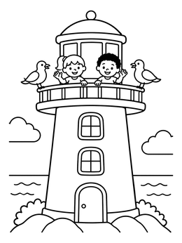 Free printable Kids Waving From A Lighthouse Tower coloring page