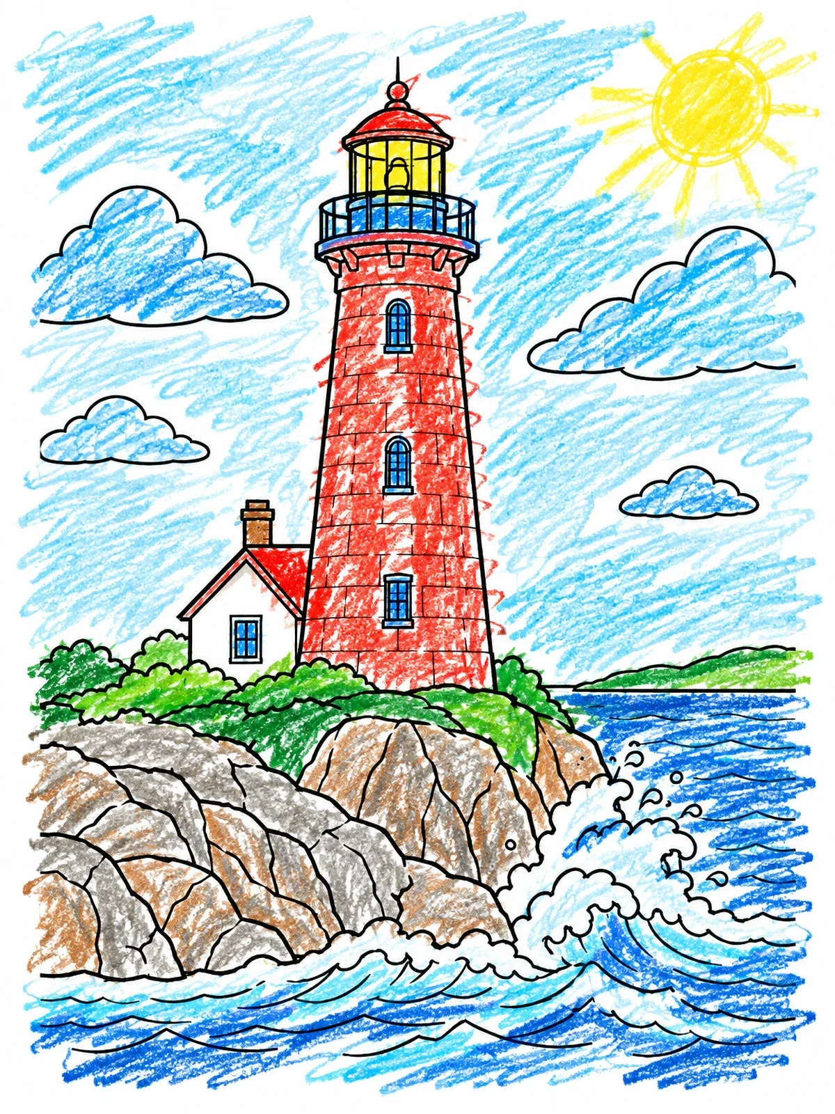Colored example of the Lighthouse On Rocky Lake Shore coloring page