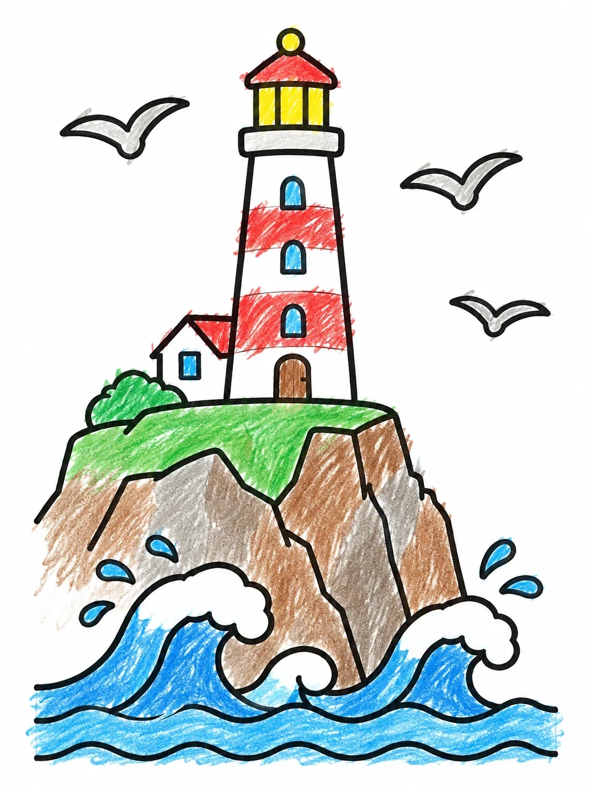 Colored example of the Lighthouse On A Rocky Cliff coloring page