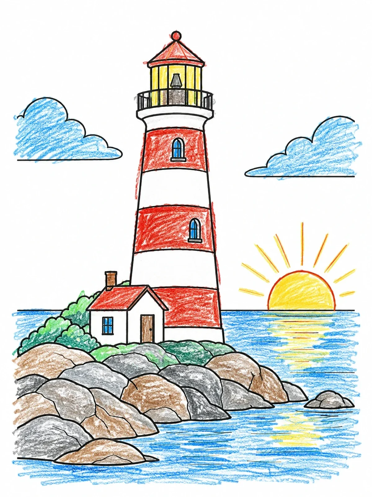 Colored example of the Lighthouse On Rocky Coast At Sunrise coloring page