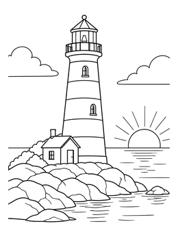 A scenic sunrise coloring page featuring a tall lighthouse and small cottage on a rocky shoreline.