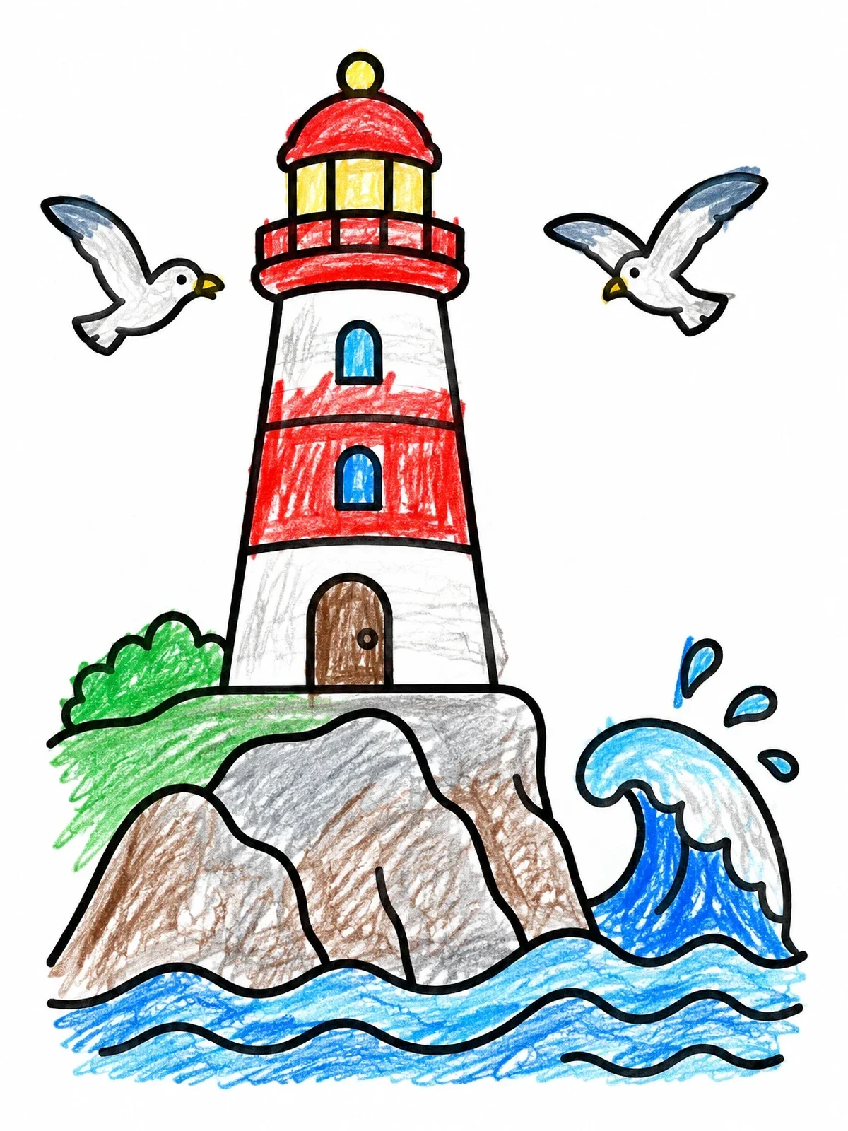 Colored example of the Lighthouse On Rocky Shore With Seagulls coloring page