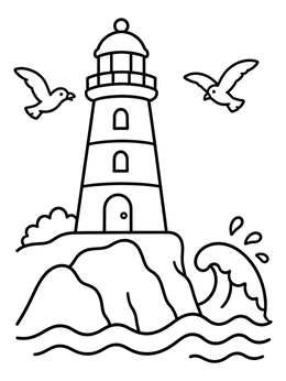Free printable Lighthouse On Rocky Shore With Seagulls coloring page