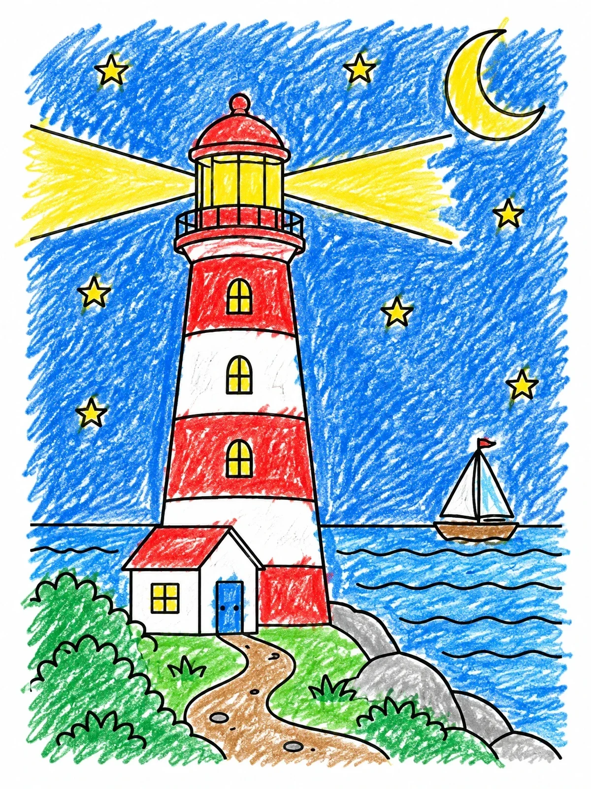 Colored example of the Lighthouse By The Sea At Night coloring page