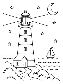 Free printable Lighthouse By The Sea At Night coloring page