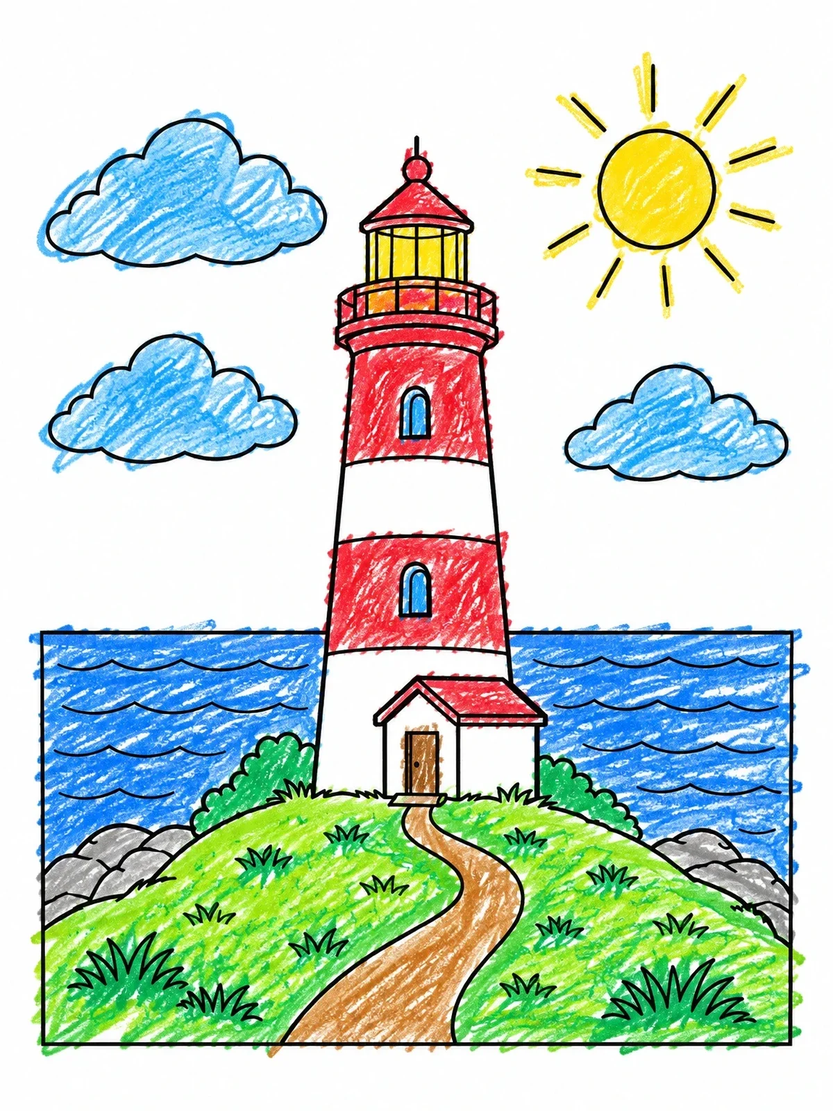 Colored example of the Lighthouse On A Sunny Coast coloring page