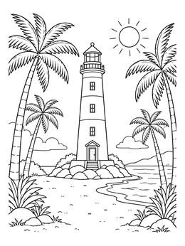 Lighthouse on a Tropical Palm Beach coloring page