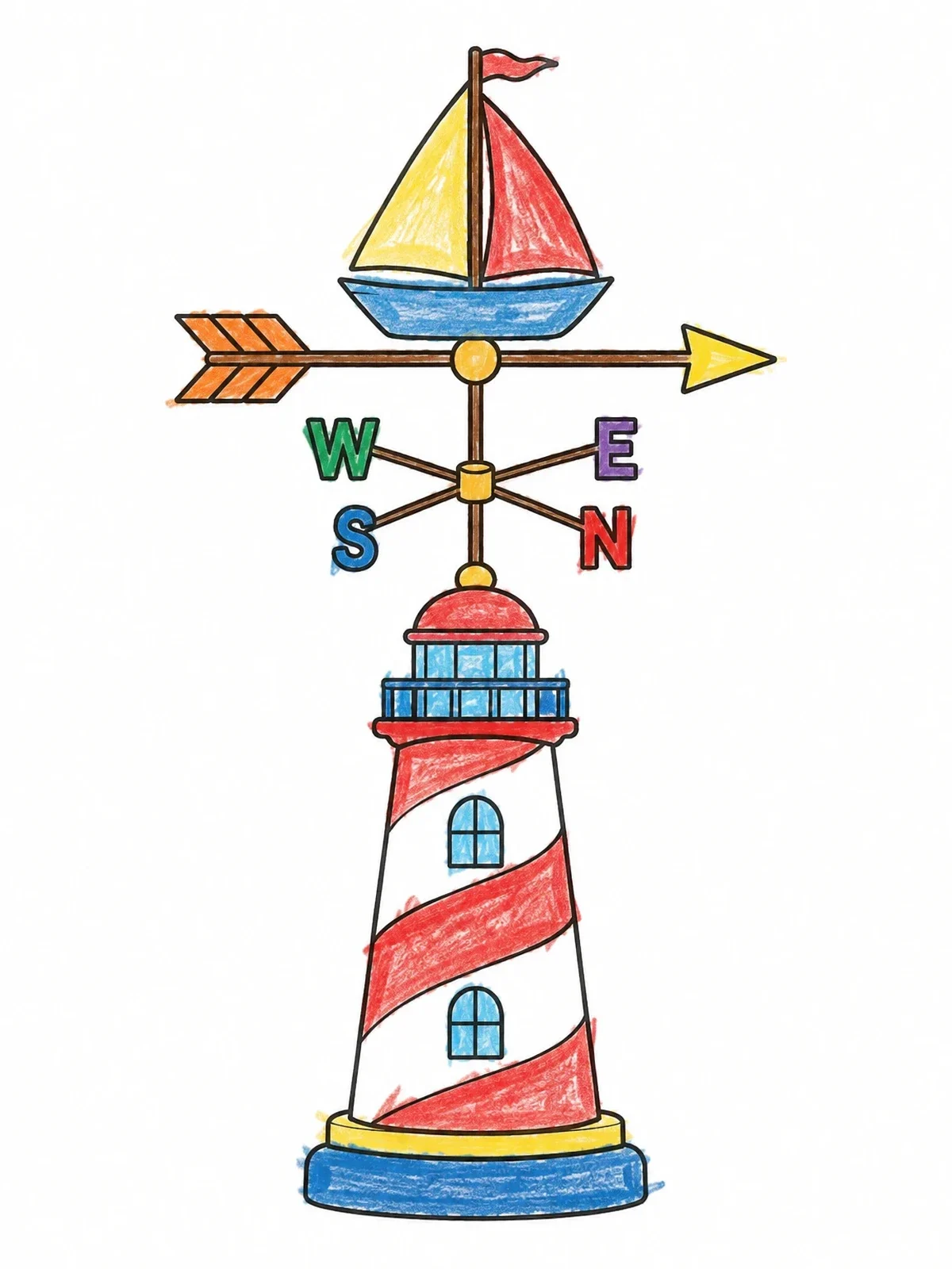 Colored example of the Lighthouse Weathervane With Sailboat coloring page