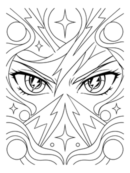 Intense anime eyes coloring page with lightning bolts and decorative stars.