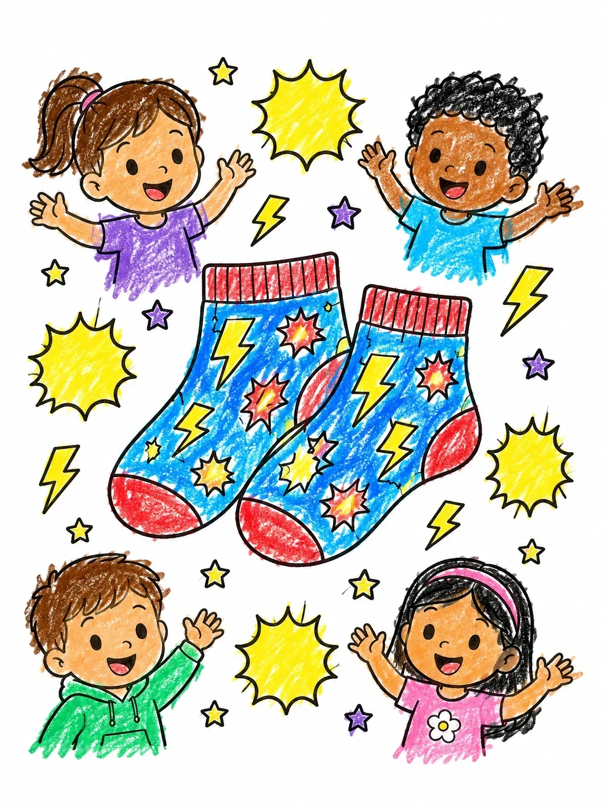 Colored example of the Lightning Bolt Socks And Happy Kids coloring page