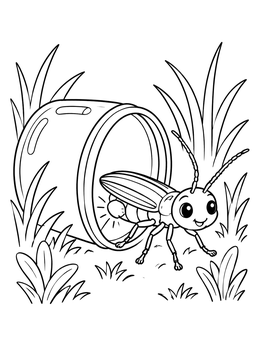 A friendly lightning bugs coloring page featuring an insect leaving an open glass jar in the grass.