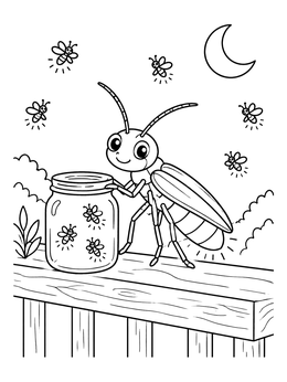 A friendly lightning bugs coloring page featuring a firefly beside a jar on a porch railing under the moon.