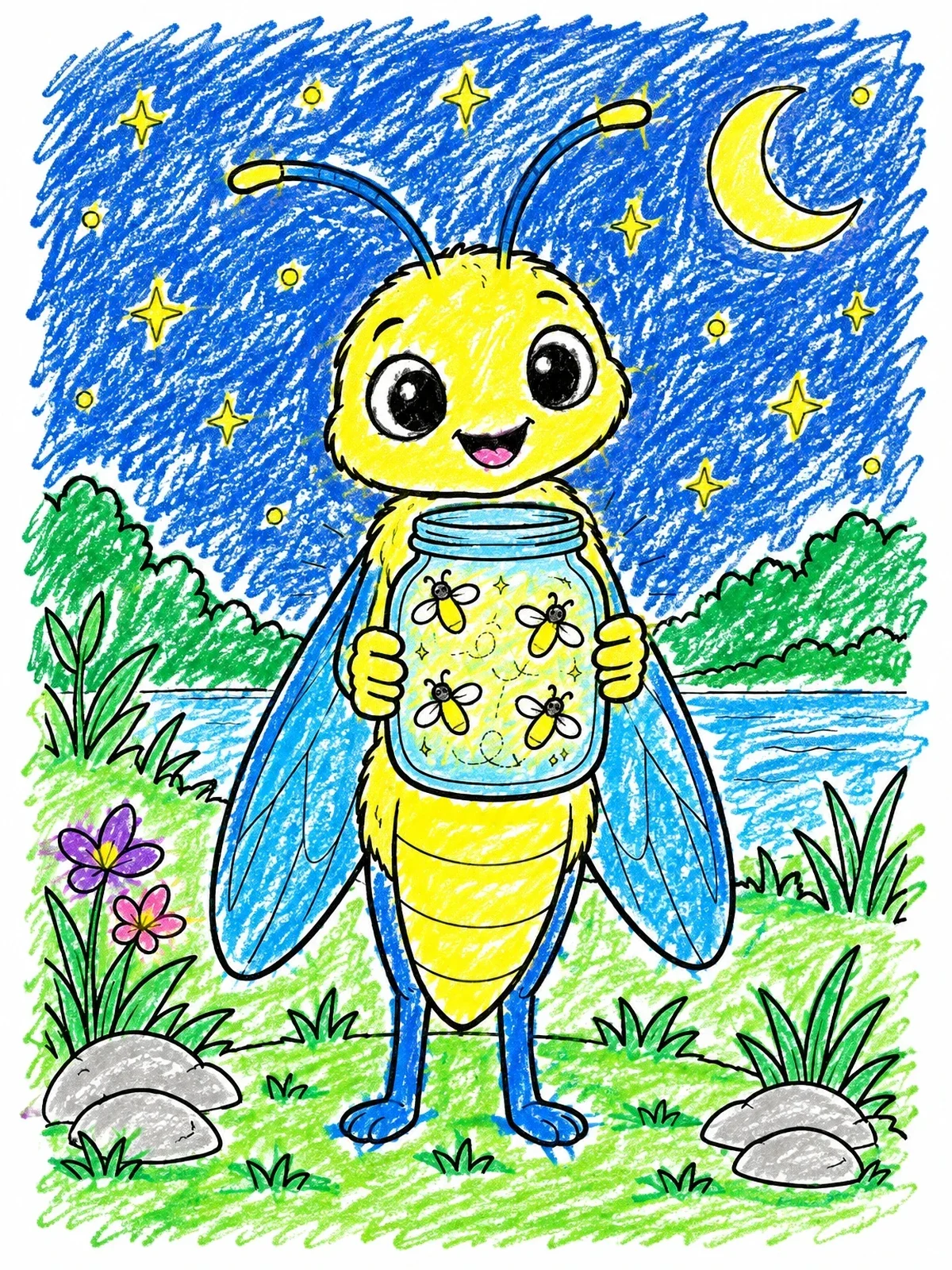 Colored example of the Cute Firefly Holding Glow Jar coloring page