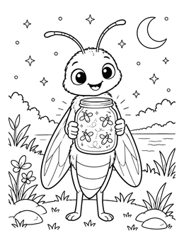 A lightning bugs coloring page featuring a cheerful firefly character holding a jar of glowing friends.