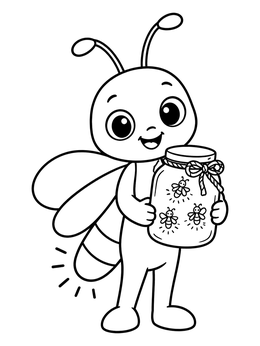 A lightning bugs coloring page featuring a cute cartoon firefly holding a glass jar with glowing friends.