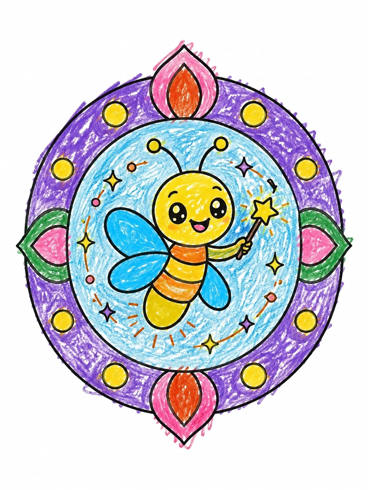 Colored example of the Cute Firefly With Magic Wand Mandala coloring page